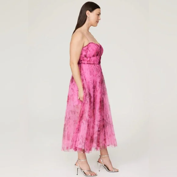 ML Monique Lhuillier Pleated Printed Tulle Midi Dress Women Size 8 - Picture 3 of 14